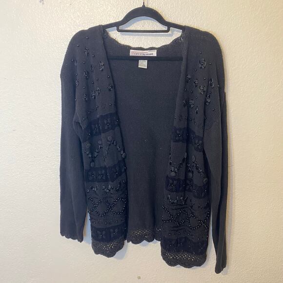 Vintage Crystal Kobe Black Ramie Cotton Embellished Open Cardigan Sweater Sz Med - Picture 1 of 8
